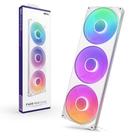 NZXT F420 RGB Core - 420mm Single-Frame Fan Unit with 3 x 140mm RGB Fans - Speed & Lighting Control - High Static Pressure & Airflow - Fluid Dynamic Bearings - 8 aRGB LEDs Per Fan - White 420mm Single Frame White
