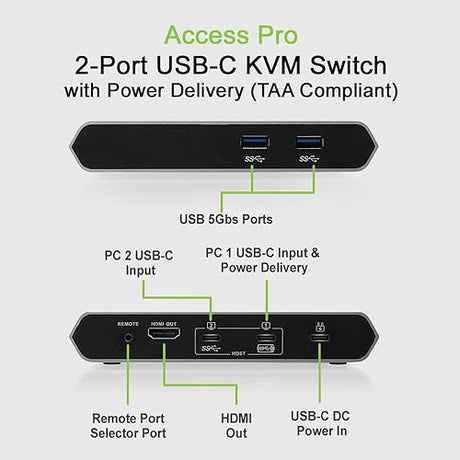 IOGEAR - Access Pro™ 2-Port USB-C KVM Switch with Power Delivery (TAA Compliant) GUD3C04