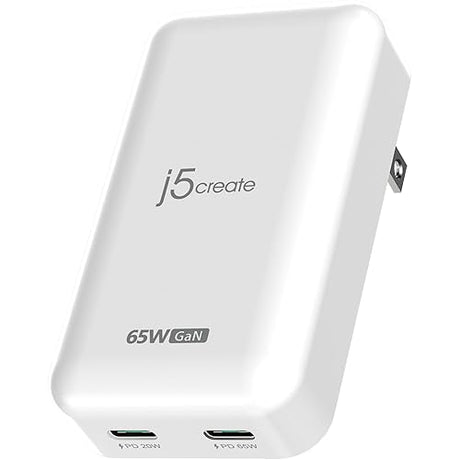 j5create 65W GaN Slim PD USB-C 2-Port Charger, White, JUP2465