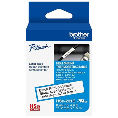 Brother HSe231E ~1/2in (11.2mm) Black on White Heat Shrink Tube, 3:1 Electrical Shrink Wrap Labeling Tape for AWG 8-18, 4.9 ft (1.5m) Cassette for P-Touch Industrial Heat Shrink Label Printers