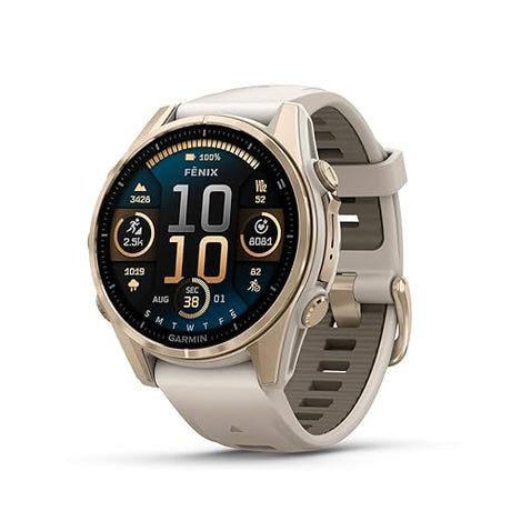 Garmin fenix 8 – 43mm, AMOLED, Sapphire, Premium Multisport GPS Smartwatch, Long-Lasting Battery Life, Dive-Rated, Built-in LED Flashlight, Soft Gold with Dark Sandstone Band