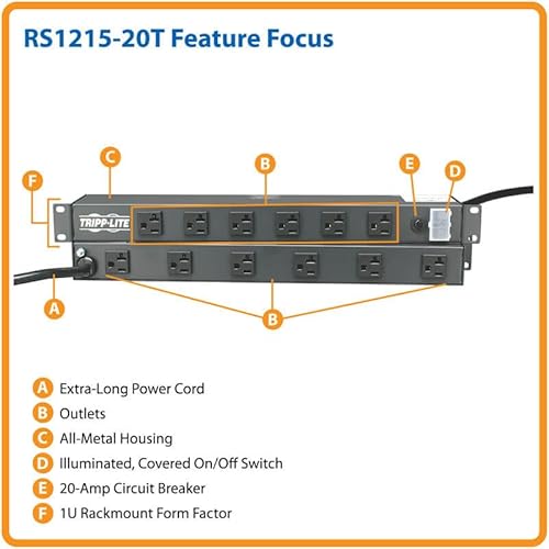 Tripp Lite RS-1215-20T Power Strip Rackmount Metal 120V 5-15/20R 12 Outlet 15 Feet Cord 1U