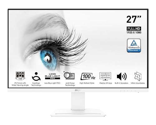 MSI Pro MP273AW, 27" Monitor, 1920 x 1080 (FHD), IPS, 100Hz, TUV Certified Eyesight Protection, 4ms, Displayport, HDMI, Tilt, White
