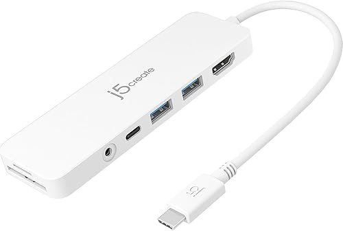 j5create USB-C Mini Hub - 4K HDMI, 2 x USB 3.1 5Gbps, microSD & SD Card Reader, 3.5mm Audio Jack, 60W PD Pass-Through Charging (JCD373)