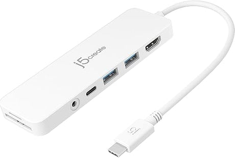 j5create USB-C Mini Hub - 4K HDMI, 2 x USB 3.1 5Gbps, microSD & SD Card Reader, 3.5mm Audio Jack, 60W PD Pass-Through Charging (JCD373)