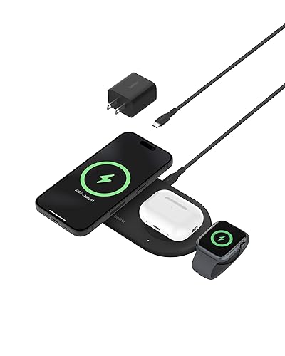 Belkin 3-in-1 MagSafe-Compatible Wireless Charging Pad with Qi2 15W - iPhone Charger - Fast Charging Wireless Charging Station for iPhone 16, 15, & 14 Series, AirPods, Apple Watch, & More - Black