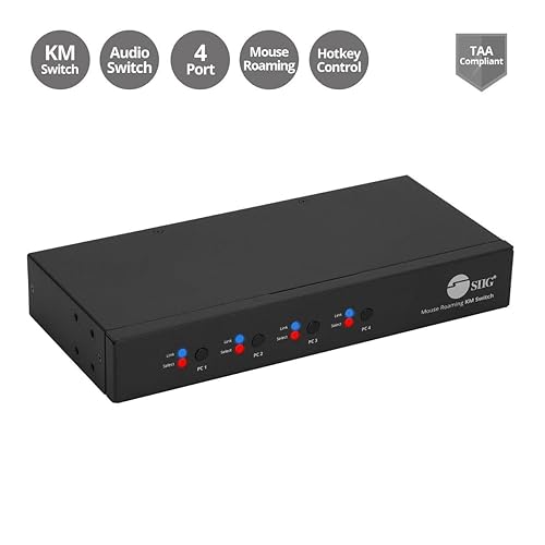 SIIG 4-Port Quad Computers Keyboard and Mouse Roaming Control Switch with USB 2.0 Hub, KM Switch, Support Windows, Mac and Linux Switch Button, Hotkeys,TAA Compliant (JU-SW4311-S1)
