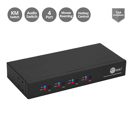 SIIG 4-Port Quad Computers Keyboard and Mouse Roaming Control Switch with USB 2.0 Hub, KM Switch, Support Windows, Mac and Linux Switch Button, Hotkeys,TAA Compliant (JU-SW4311-S1)