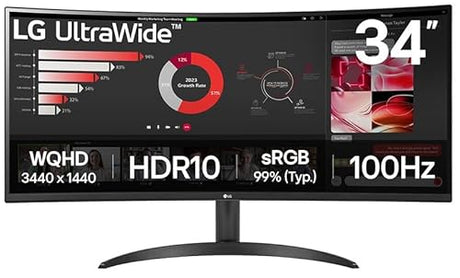 LG UltraWide Monitor (34WR50QK) - 34-inch 21:9 Curved UltraWide™ QHD (3440x1440) Display, sRGB 99%, HDR10, PBP, 100Hz Refresh Rate, Eye-Care Features, Ergonomic Design