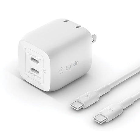 Belkin BoostCharge Pro 45W Dual USB-C GaN Wall Charger, Multi-Port Charger w/ 2X USB-C PD 3.0 Fast Charge Ports for MacBook, iPhone, iPad, Galaxy, Google Pixel, & More + USB-C to USB-C Cable - White Includes USB-C to USB-C Cable