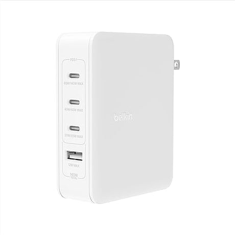 Belkin 140W 4-Port GaN Wall Charger, Multi-Port Charger Block w/USB-C Power Delivery Fast Charge & USB-A Port for Apple MacBook, iPhone 15 Series, iPad Pro, Samsung Galaxy S23, Google Pixel, & More