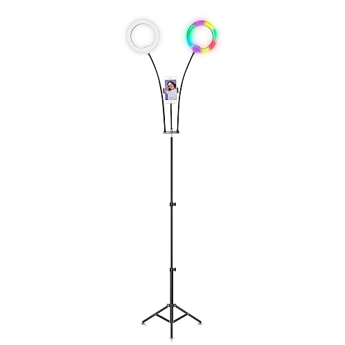 Supersonic SC-2710SR Double 8-inch Selfie Ring Light, 3 Color Lighting Modes, 32 RGB Modes, 10 Brightness Levels, 360° Rotatable Phone Holder, USB Powered, in Line Controller and Retractable Tripod