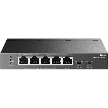 TP-Link 5 Port Gigabit PoE Switch, 1-Port PoE++ in and 4-Port PoE+Out @66 W Desktop, Plug-and-Play, Sturdy Metal with Shielded Ports, Fanless, Limited Lifetime Protection, Unmanaged (TL-SG1005P-PD)