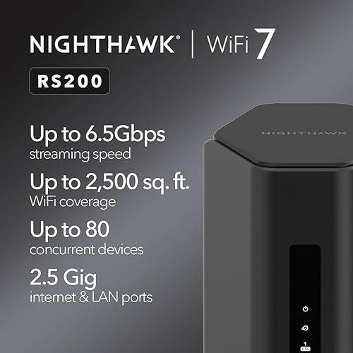 NETGEAR Nighthawk Dual-Band WiFi 7 Router (RS200) – Security Features, BE6500 Wireless Speed (up to 6.5Gbps) - Covers up to 2,500 sq. ft., 80 Devices – 2.5 Gig Internet Port