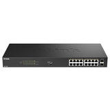 D-Link 16-Port Gigabit PoE+ Unmanaged Switch with 2 SFP Ports (DGS-1018P) – 240W Budget, 30W/Port, Plug-and-Play, Onboard Controls, QoS, Smart Fan, NDAA/TAA Standards