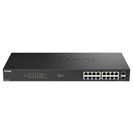D-Link 16-Port Gigabit PoE+ Unmanaged Switch with 2 SFP Ports (DGS-1018P) – 240W Budget, 30W/Port, Plug-and-Play, Onboard Controls, QoS, Smart Fan, NDAA/TAA Standards