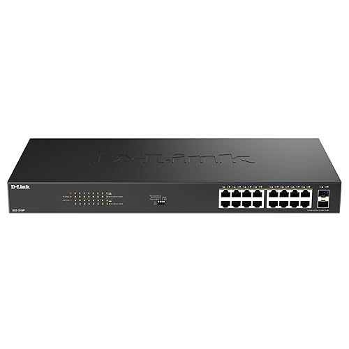 D-Link 16-Port Gigabit PoE+ Unmanaged Switch with 2 SFP Ports (DGS-1018P) – 240W Budget, 30W/Port, Plug-and-Play, Onboard Controls, QoS, Smart Fan, NDAA/TAA Standards
