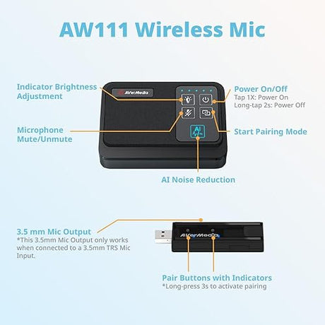 AVerMedia Conference Room Microphone, Microphone Wireless Expansion Kit, External Microphone for Laptop, Portable Mic with AI Noise Reduction &360° Voice Pickup - AW111