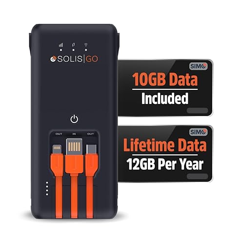 SIMO Solis Go 4G Mobile Hotspot WiFi Power Bank with Built-in Cables for Travel in 140+ Countries, No SIM Card or Contract, Multi-Carrier Network, 20 Devices, 1GB/Month Lifetime + 10GB Global Data
