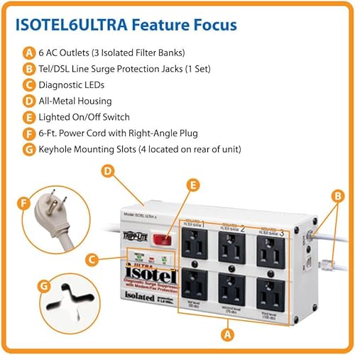 Tripp Lite Isobar 6 Outlet Surge Protector, 6ft. Cord, Right-Angle Plug, Tel/Fax/Modem, Metal (ISOTEL6 ULTRA)