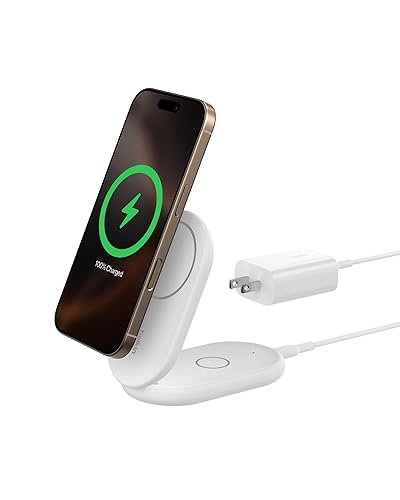 Belkin Magnetic Foldable Wireless Charging Stand 15W - MagSafe-Compatible Qi2-Certified Charger, Wireless Charging Stand for iPhone 16, Galaxy S25, & More - Standby Mode Ready w/PSU Included - White