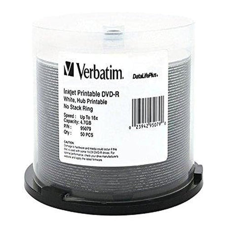 Verbatim DVD-R DataLife Plus Printable Recordable Disc, 4.7 GB, 16x, Spindle, White, 50/Pack (95079)