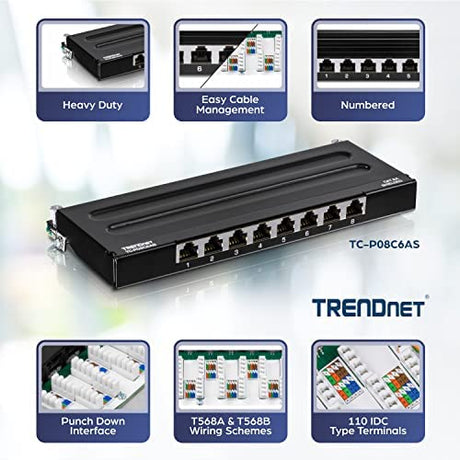 TRENDnet 8-Port Cat6A Shielded Patch Panel, Wall Mount Ready, 10G Ready, Cat5e,Cat6,Cat6A Compatible, Metal Housing, Color-Coded Labeling for T568A & T568B Wiring, Cable Management, Black, TC-P08C6AS 8 Port Cat6A