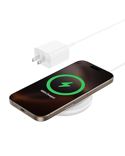 Belkin Magnetic Wireless Charging Pad 15W - MagSafe-Compatible Qi2-Certified Wireless iPhone Charger for Apple iPhone 16, 15, 14 Series, AirPods w/Non-Slip Base, Power Supply Included - White