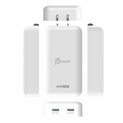 j5create 65W GaN Slim PD USB-C 2-Port Charger, White, JUP2465
