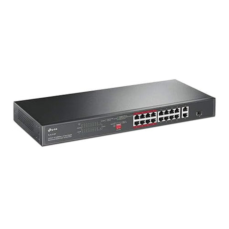 TP-Link TL-SL1218P | 16 Port 10/100Mbps Fast Ethernet PoE Switch | 16 PoE+ Ports @150W, w/ 2 Uplink Gigabit Ports + 1 Combo SFP Slot | Limited Lifetime Protection | Extend, Priority & Isolation Mode 18 Port w/ 16 PoE+ Port