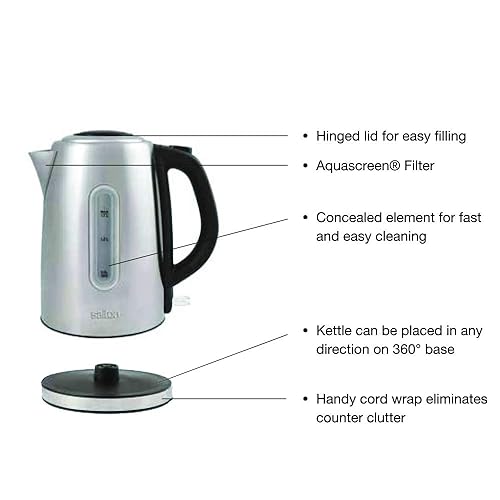 Salton Cordless Electric Stainless Steel Kettle, Water Boiler and Tea Heater, 1.7 Liter/Quart with Automatic Shut-Off and Boil-Dry Protection, Water Level Window, 1500 Watts (JK1903)