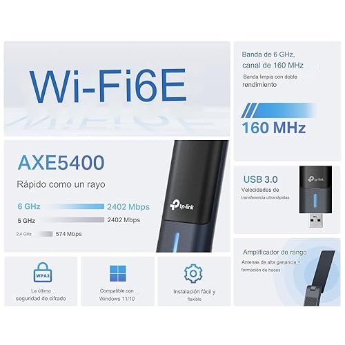 TP-Link AXE5400 WiFi 6E USB Adapter for Desktop PC (Archer TXE70UH) Tri-Band Wireless Network Adapter, Ultra-Low Latency, MU-MIMO, OFDMA, Refined Security, WPA3, Supports Windows 11/10 AXE5400, Wi-Fi 6E - Newer Model