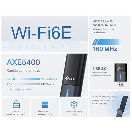 TP-Link AXE5400 WiFi 6E USB Adapter for Desktop PC (Archer TXE70UH) Tri-Band Wireless Network Adapter, Ultra-Low Latency, MU-MIMO, OFDMA, Refined Security, WPA3, Supports Windows 11/10 AXE5400, Wi-Fi 6E - Newer Model