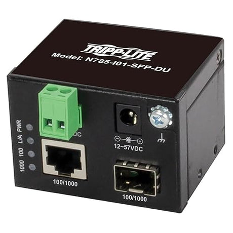 Tripp Lite Industrial Heavy-Duty Network Copper Ethernet to Fiber Optic Unmanaged SFP Transceiver Media Converter Extender, SFP to RJ45, 10/100/1000 Mbps, DC Power, 2-Year Warranty (N785-I01-SFP-DU) Industrial Housing Unmanaged SFP / DC Variable