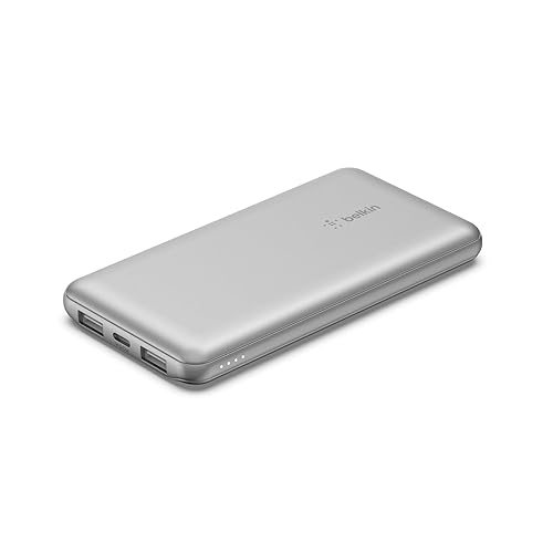 Belkin Portable Charger, USB-C Power Bank 10k w/ 1 USB-C Port and 2 USB-A Ports with USB-A to USB-C Cable for iPhone 16, 16 Plus, 16 Pro, 16 Pro Max, Samsung Galaxy S24, & More - Silver