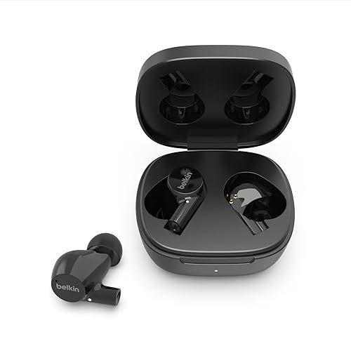 Belkin SoundForm Rise True Wireless Ear Buds with Wireless Charger Case, Dual Microphone, IPX5 Water Resistant Earbuds, Bluetooth Headphones, Compatible with iPhone, Galaxy, and More - Black