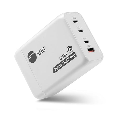 SIIG GaN 200W USB C Charger 4-Port, PD 100W, QC 3.0 65W, PPS, 3X USB-C 1x USB-A, Compatible with MacBook Pro/Air, iPad, iPhone 14 Pro, Galaxy S23 Ultra, Steam Deck, XPS, Pixel (AC-PW1V11-S1)