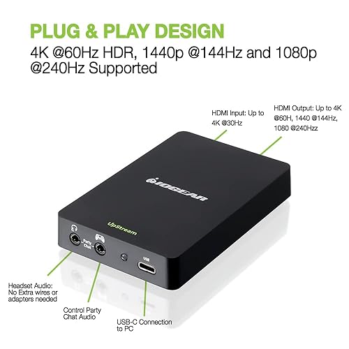 IOGEAR Upstream 4K Game Capture Card with Party Chat Mixer Xbox Series X/S, PS5, PS4, 4K@60 HDR 1440p@144hz 1080p@240hz, Windows 10, 11, macOS, UVC, OBS, Streamlabs, Twitch, YouTube, GUV302G