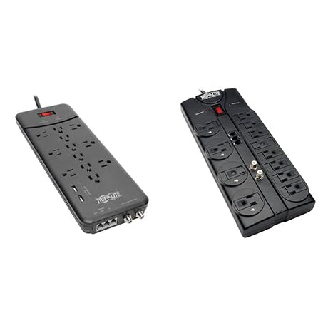 Tripp Lite Protect It! Surge Protector - Power Strip, 12 Outlets, 2 USB Charging Ports, 8ft Cord, 4320 Joules, 1800W Output, 15A Circuit Breaker, Tel/Modem/Coax Protection, Black - TLP128TTUSBB