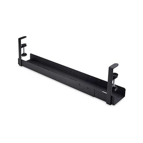 StarTech.com Under Desk Cable Management Tray, Length Adjustable, Clamp-On Installation, No Drilling Required, Black Black Adjustable Width