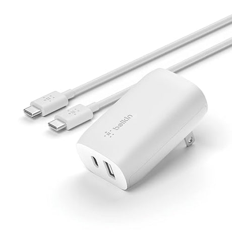 Belkin 37 Watt USB C Wall Charger - Power Delivery 25W & Braided USB C to Lightning Cable MFi Certified iPhone Fast Charger Type C (White) Dual USB-C & A Port Charger + Charger Type C (White)