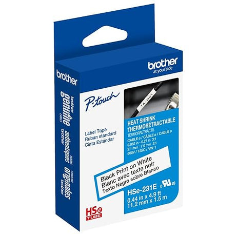 Brother HSe231E ~1/2in (11.2mm) Black on White Heat Shrink Tube, 3:1 Electrical Shrink Wrap Labeling Tape for AWG 8-18, 4.9 ft (1.5m) Cassette for P-Touch Industrial Heat Shrink Label Printers
