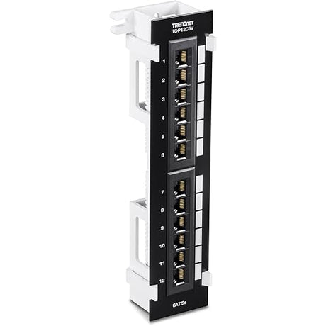 TRENDnet 12-Port Cat5e Unshielded Patch Panel, Wall Mount, Included 89D Bracket, Vertical or Horizontal Installation, Compatible with Cat5e & Cat6 RJ45 Cabling, Black, TC-P12C5V 12 Port Cat 5E
