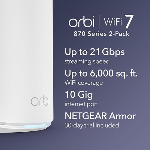 NETGEAR Orbi 870 Series Tri-Band WiFi 7 Mesh System (RBE872) - Router + 1 Satellite Extender, Security Features, Up to 21 Gbps, Covers up to 6,000 sq. ft., 150 Devices, 10 Gig Internet Port, BE21000