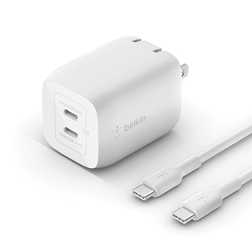 Belkin BoostCharge Pro 65W Dual USB-C GaN Wall Charger, Multi-Port Charger w/ 2X USB-C PD 3.0 Fast Charge Ports for MacBook, iPhone, iPad, Galaxy, Google Pixel, & More + USB-C to USB-C Cable - White Includes USB-C to USB-C Cable