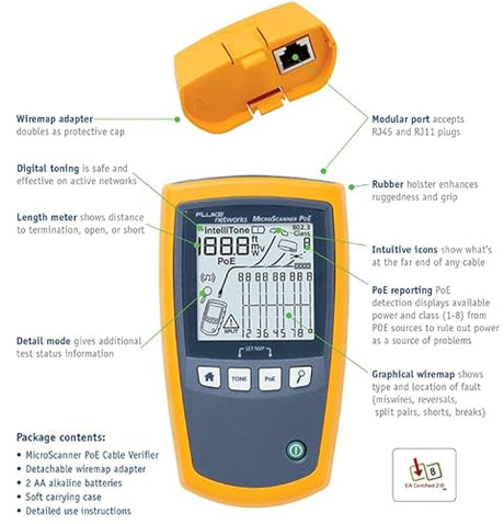 Fluke Networks MS-POE MicroScanner Copper Cable Verifier and PoE tester for RJ-45 Category 5-6A Ethernet Cables, Identifies Supplied Class 0-8 Power from Ethernet PSE Devices