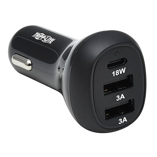 Tripp Lite USB Car Charger, 3 Port USB Car Charger, 36W Max - USB-C PD 3.0 Up to 18W, 2 USB-A QC 3.0 Up to 36W, Black (U280-C03-36W-1B)