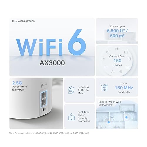 TP-Link Deco AX3000 WiFi 6 Mesh System (Deco X50 Pro) - Covers Up to 6,500 Sq. ft and Connect Over 150 Devices, 2×2.5G WAN/LAN Ports Wired Ethernet Ba
