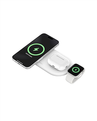 Belkin 3-in-1 MagSafe-Compatible Wireless Charging Pad with Qi2 15W - iPhone Charger - Fast Charging Wireless Charging Station for iPhone 16, 15, & 14 Series, AirPods, Apple Watch, & More - White