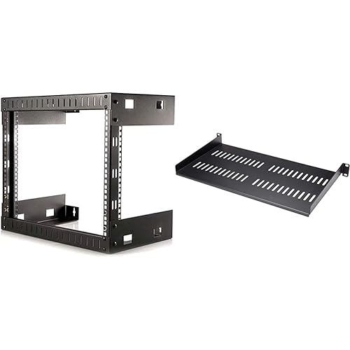 StarTech.com 8U 19" Wall Mount Network Rack - 12" Deep 2 Post Open Frame Server Room Rack, Black & 1U Vented Server Rack Cabinet Shelf - 10in Deep Fixed Cantilever Tray - Rackmount Shelf 8U Rack + Cabinet Shelf